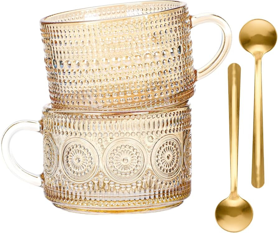 Moretoes 2 Pack Vintage Coffee Mugs, Oats Containers with Spoons, 14oz Amber Embossed Glass Tea C... | Amazon (US)
