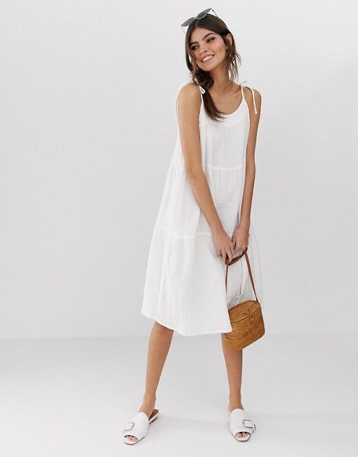 ASOS DESIGN cheesecloth tiered midi sundress with tie straps | ASOS US