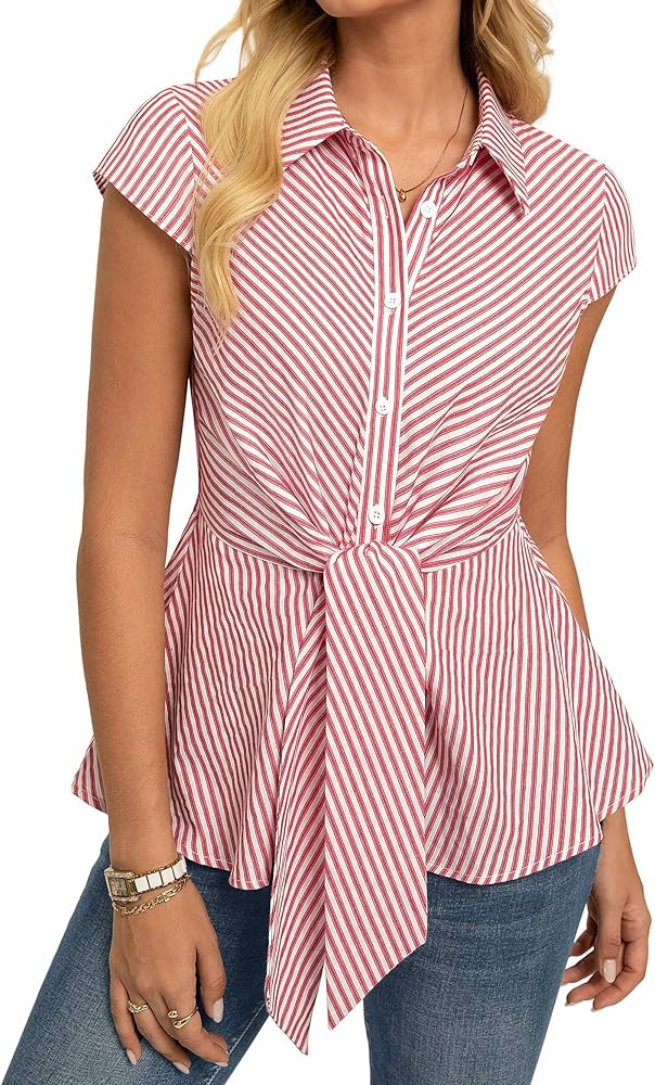 GRACE KARIN Striped Button Down Shirts Women,Short Sleeve Peplum Tops Business Casual,Tie Front W... | Amazon (US)