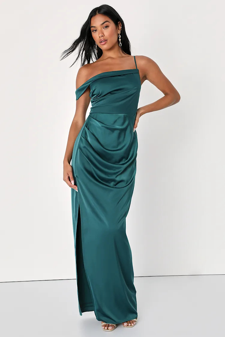 Lush Love Emerald Satin Asymmetrical Off-the-Shoulder Dress | Lulus