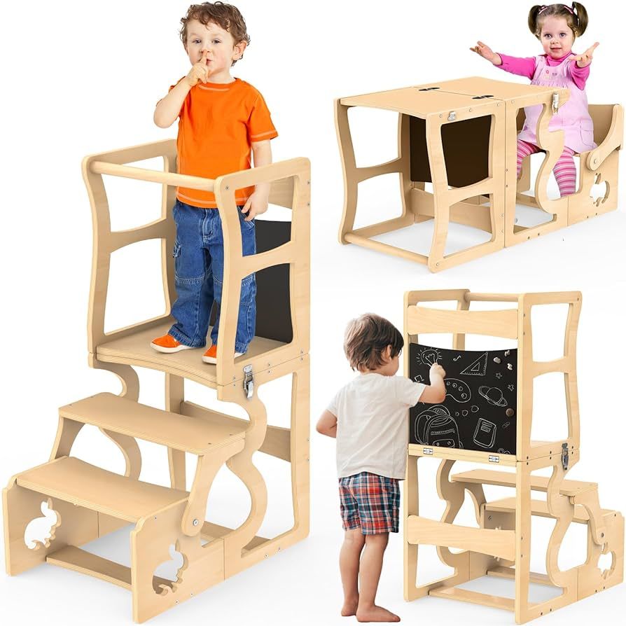 Toddler Tower, Kitchen Stool Helper for Toddlers, Learning Wooden Tower with Chalkboard and Backr... | Amazon (US)
