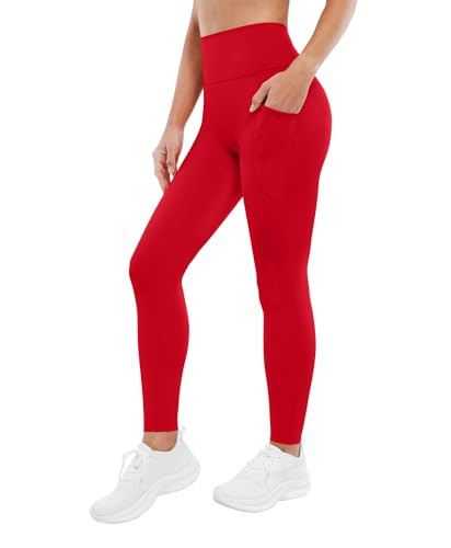 BRXL No Front Seam 25" Womens High Waisted Leggings Buttery Soft Adjustable Length Pockets Workout Yoga Gym Pilates Bright Red | Amazon (US)