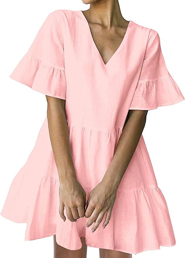 FANCYINN Women’s Cute Shift Dress with Pockets Fully Lined Bell Sleeve Ruffle Hem V Neck Loose ... | Amazon (US)