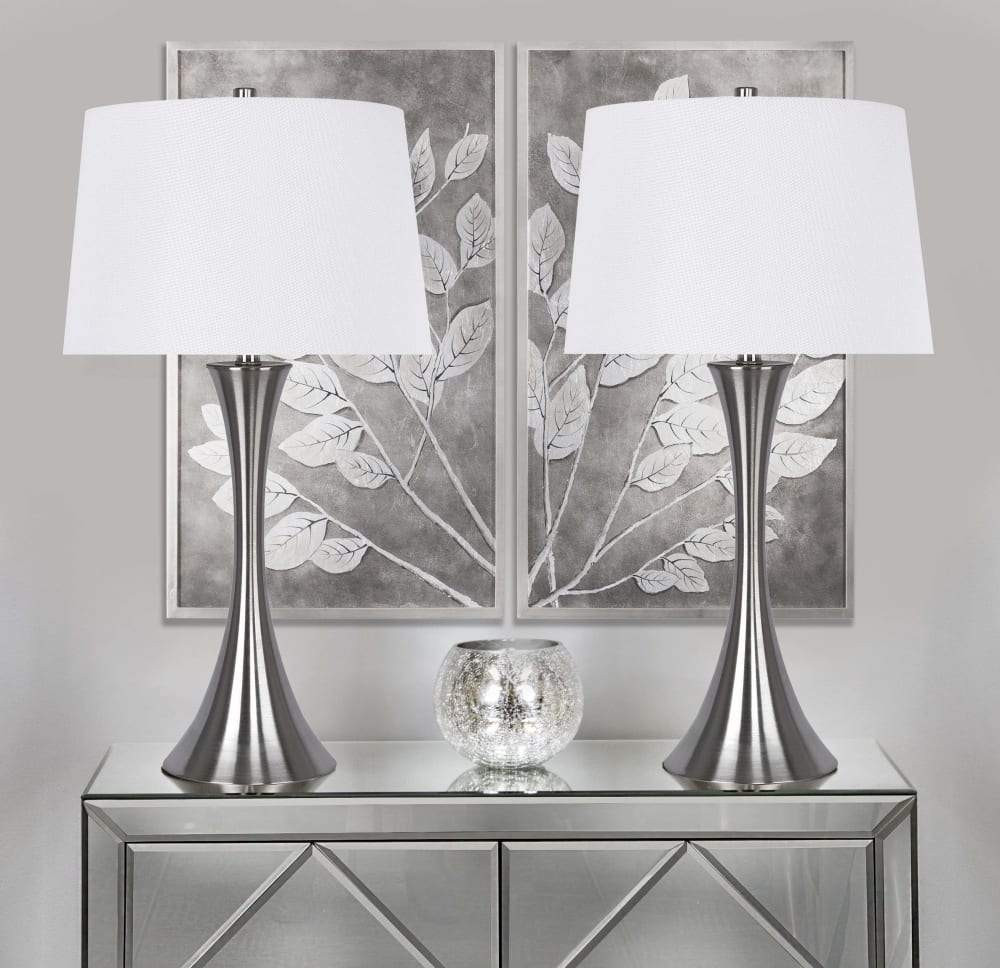 Brushed Nickel Metal with Hourglass Body Design and White Textured Linen Set of 2 Table Lamps | Pier 1 Online
