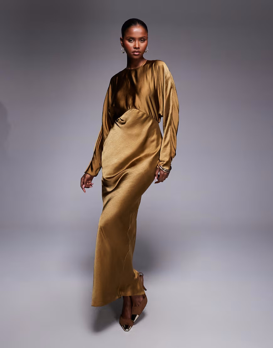 ASOS DESIGN satin batwing maxi dress in olive-Green | ASOS (Global)