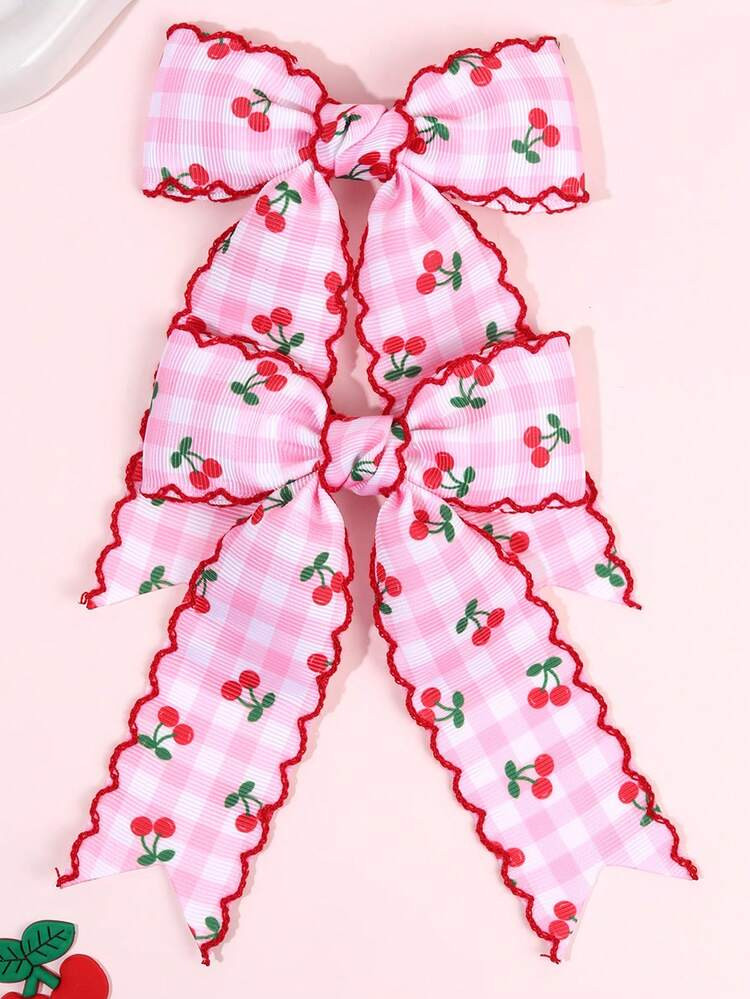 2pcs Cherry Pattern Hair Clips, Red Cherry Print Satin Ribbon Bow Hair Clips, Pink Plaid Bow Hair Clips, Cute Cherry Plaid Bow Hair Clips, Valentine's Day Gift, Bow Hair Clips, Teens Hair Accessories | SHEIN