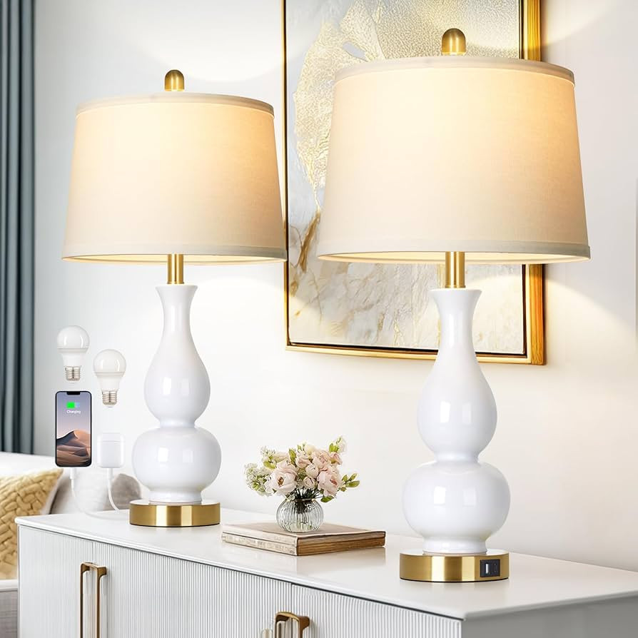 CINSARY 27" Double Gourd Ceramic Table Lamps Set of 2, Modern White Bedroom Lamp with USB A+C Por... | Amazon (US)