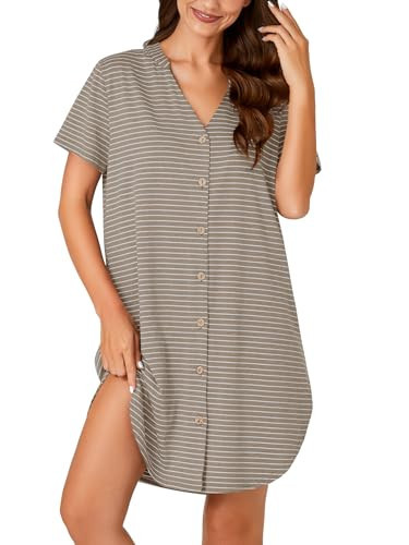 Vrtige Women's Button Down V Neck Short Sleeve Nightgown Pajamas Khaki X-Large | Amazon (US)