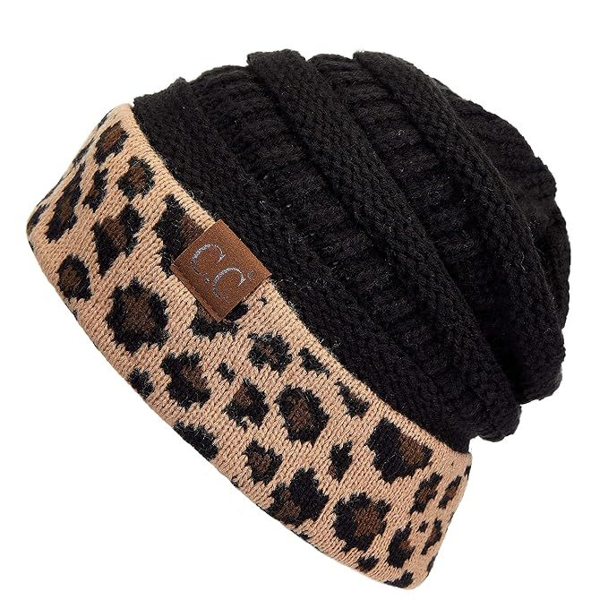 C.C Exclusives Solid Ribbed Color Beanie hat with Leopard Pattern Cuff (HAT-80) | Amazon (US)