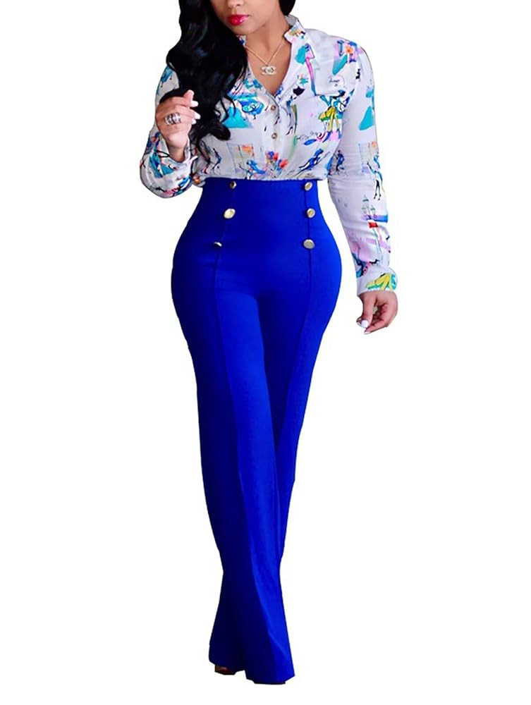 Women's Stretchy High Waisted Wide Leg Button-Down Pants Sailor Bell Flare Trousers | Amazon (US)