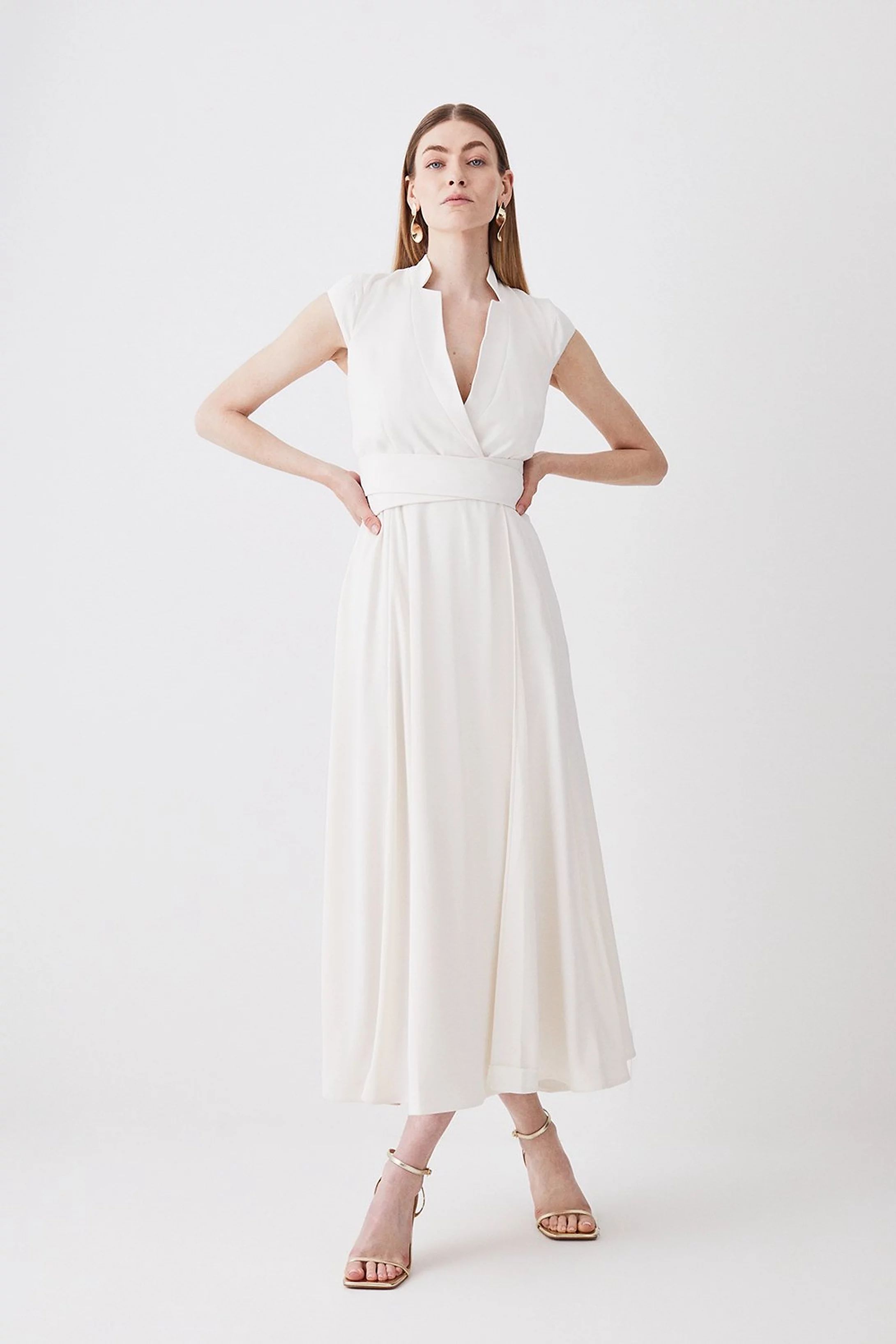 V Neck Wrap Detail Woven Midi Dress | Karen Millen US