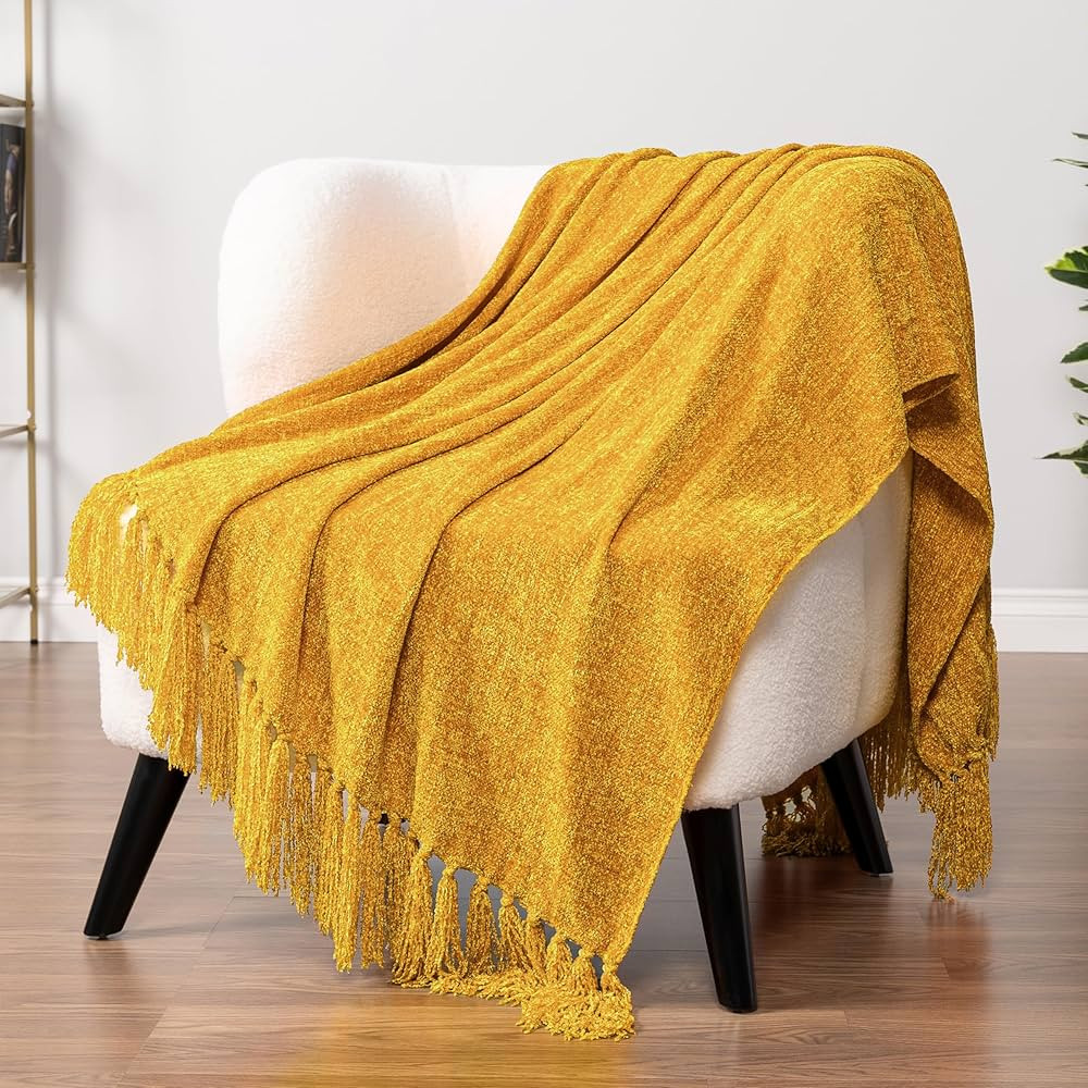 PAVILIA Mustard Yellow Throw Blanket for Couch, Chenille Blanket for Sofa Bed, Soft Knit Woven Go... | Amazon (US)