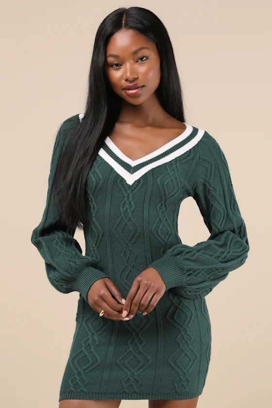 Inviting Poise Green and White Cable Knit Sweater Mini Dress | Lulus