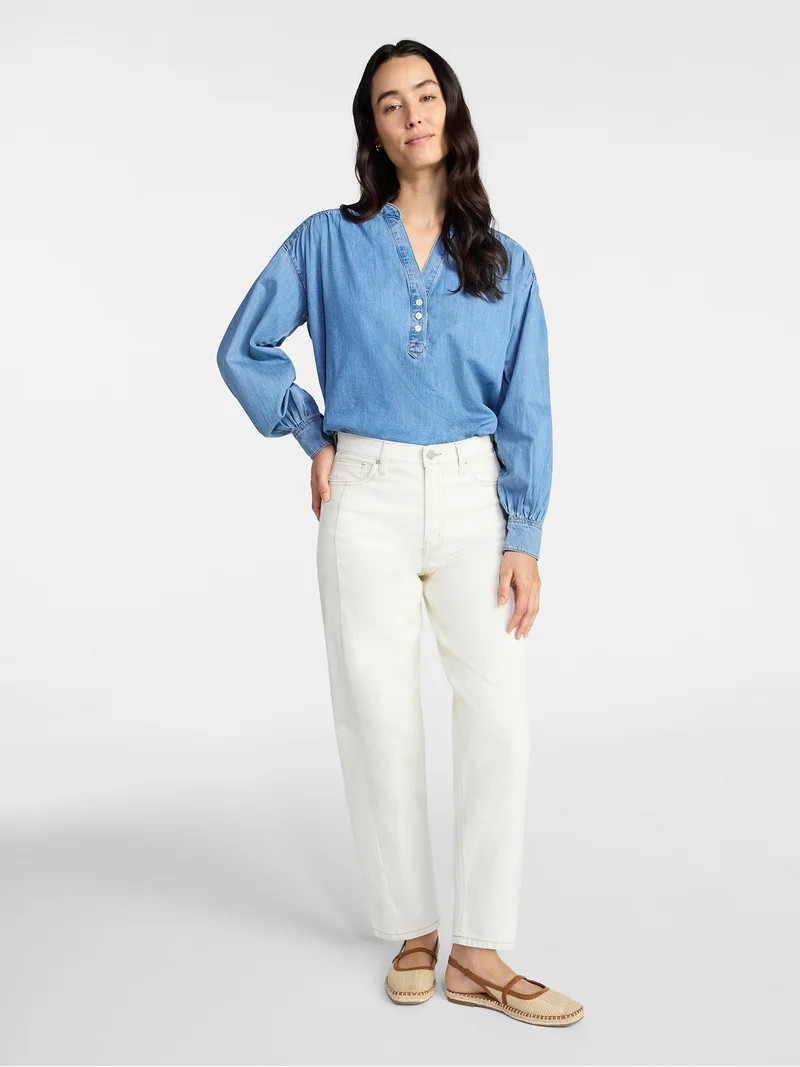 Time and Tru Women's Popover Denim Top with Long Sleeves, Sizes XS-XXXL | Walmart (US)