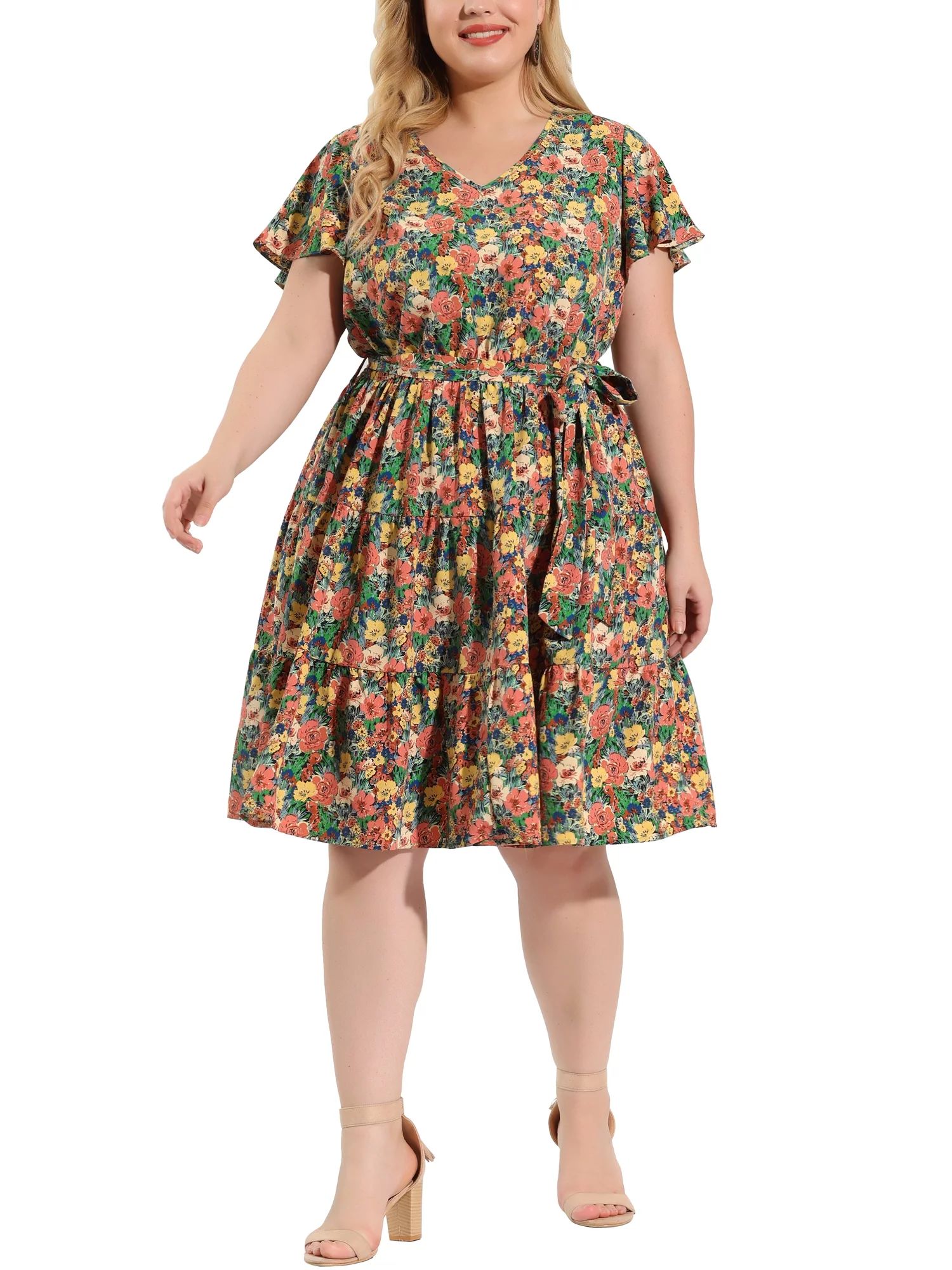 Agnes Orinda Women's Plus Size V Neck Elastic Waist Ruffle Summer Floral Midi Dress | Walmart (US)