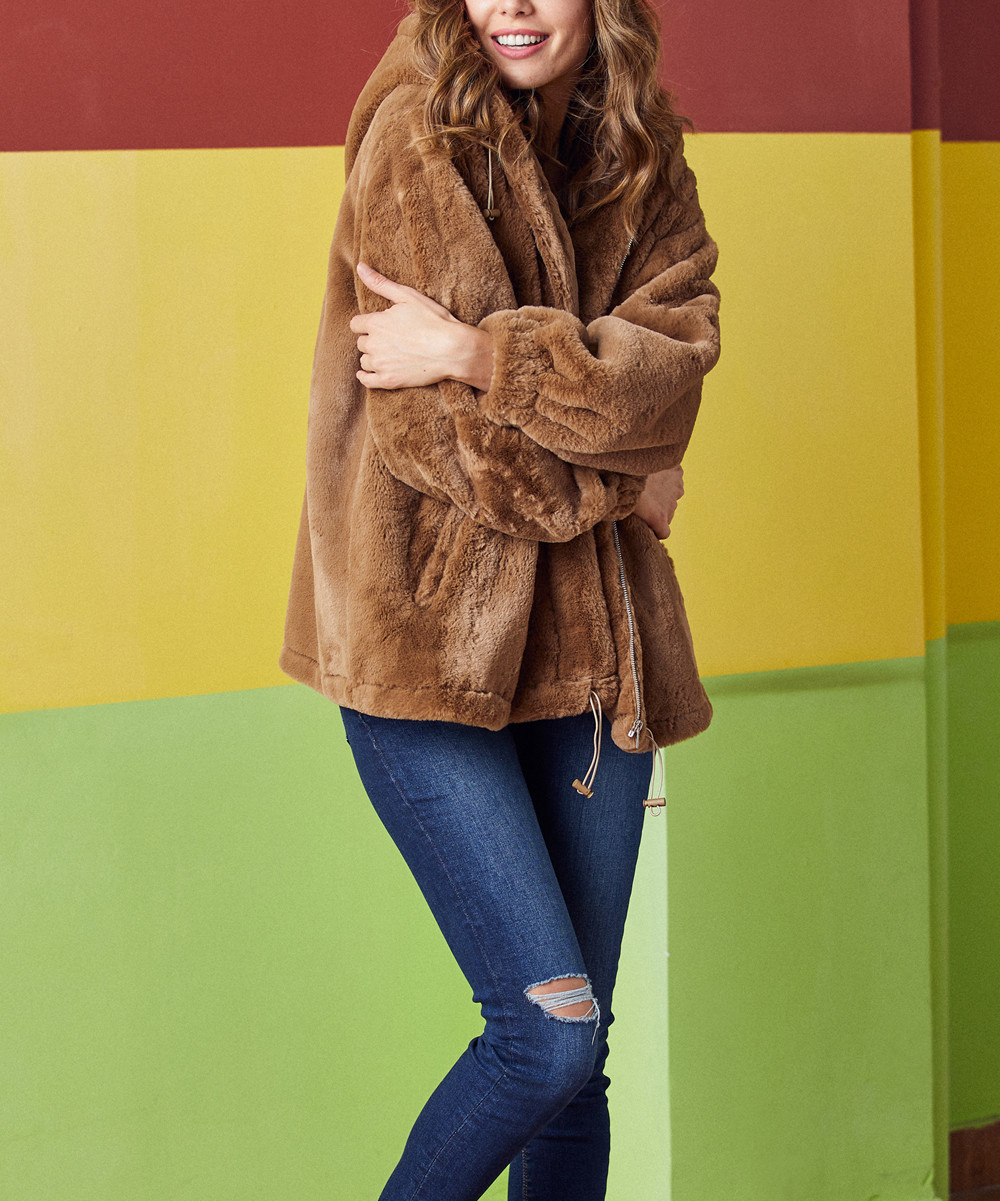 Luukse Women's Fleece Jackets 101TAN - Tan Fuzzy Hooded Zip-Up Coat - Women & Plus | Zulily