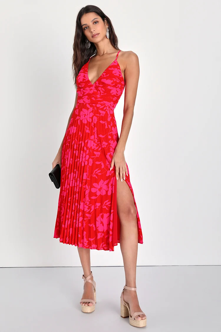 Vibrant Moment Red and Pink Floral Pleated Lace-Up Midi Dress | Lulus (US)