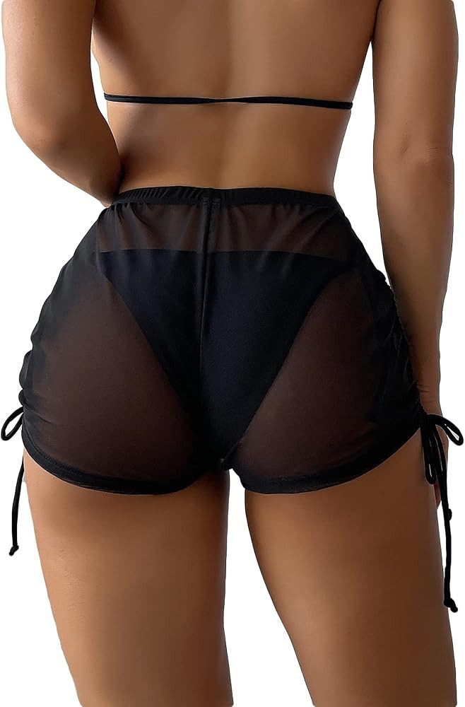 Women's Drawstring Side Mesh Sheer Beach Summer Cover Up Shorts Bikini Bottoms | Amazon (US)