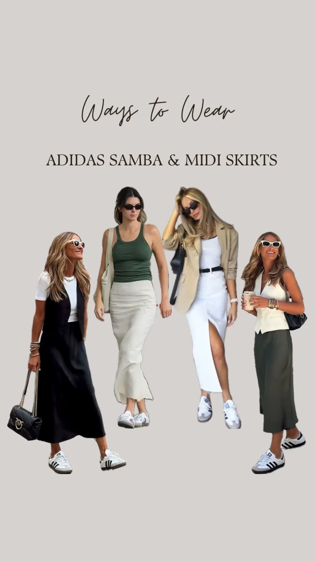 Adidas Samba OG styled with midi skirts! Black midi skirt, beige midi skirt, white denim skirt, khaki green satin midi skirt.

#LTKSeasonal #LTKStyleTip #LTKTravel