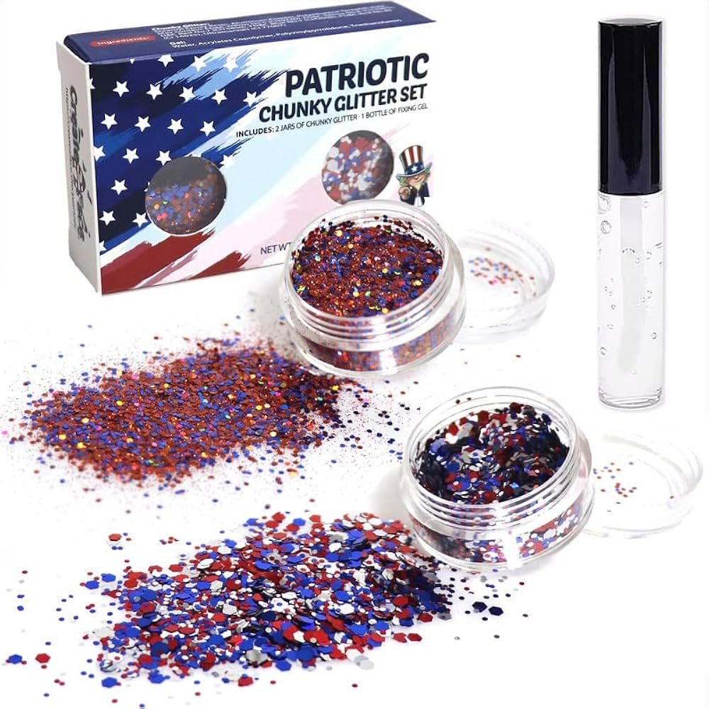 USA Chunky Glitter Kit for Face Body Nail Hair Eyes (2 Jars x 5g - Blue, Red & White) for America... | Amazon (US)