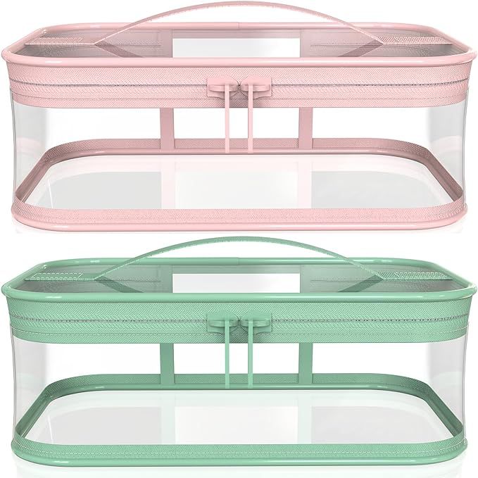 WANBAO 2 Pcs Transparent Makeup Bag Zipper Waterproof Portable Travel Storage Pouch, Pink Green | Amazon (US)