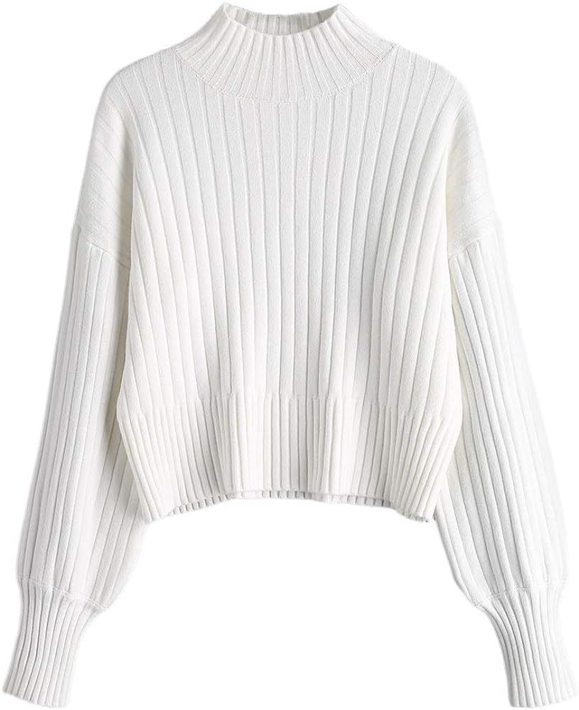 ZAFUL Women's Mock Neck Long Sleeve Ribbed Knit Basic Crop Pullover Sweater | Amazon (US)