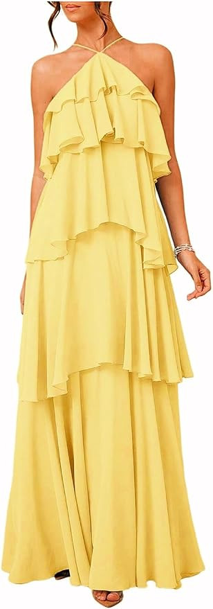 SOLY HUX Women's Sundresses Ruffle Layered Halter Flowy Maxi Dress Elegant Wedding Guest Dresses | Amazon (US)