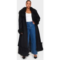 Plus Black Faux Fur Trim Constrast Wool Look Coat | PrettyLittleThing US