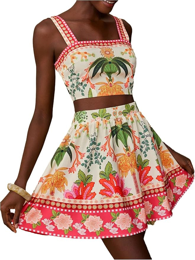 Floerns Women's 2 Piece Outfit Floral Print Crop Cami Top with Mini Skirt Set | Amazon (US)