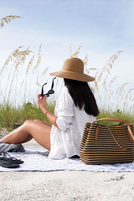 Summer essentials with the Eric Javits Hampton beach hat, Squishee tote, Rails Ellis button down