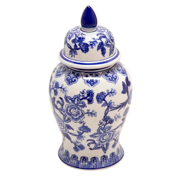 Modern Blue and White Contemporary Chinoiserie Temple Jar | Wayfair North America