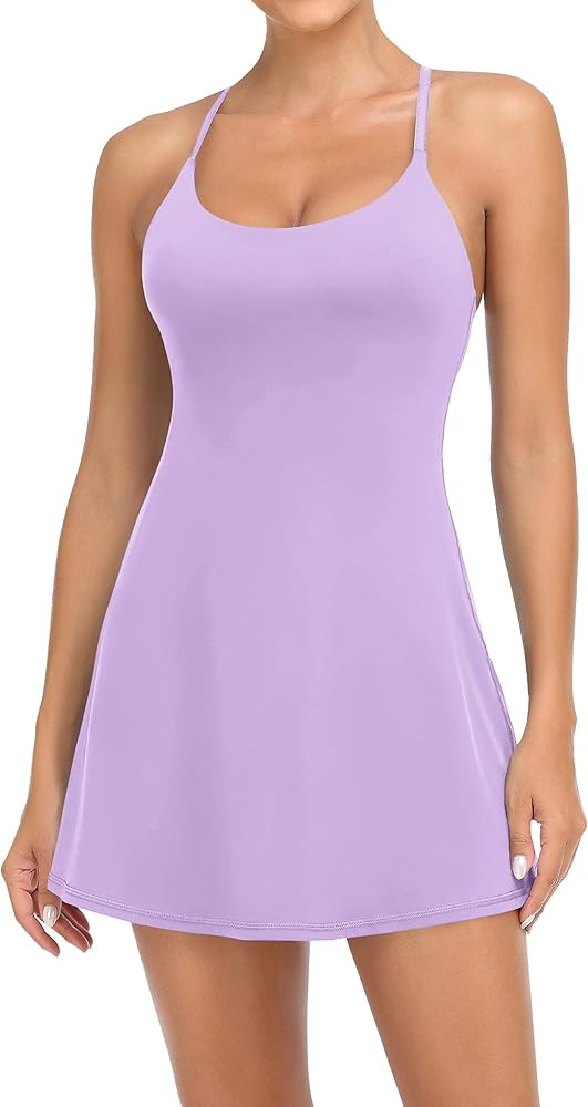 Women Workout Tennis Dress with Built-in Bra Shorts, Cross Shoulder Straps and Pockets | Amazon (US)