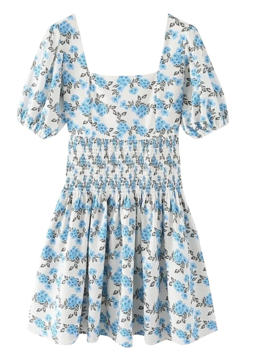 Electric blue and cream floral smocked mini dress | Mulberry & King