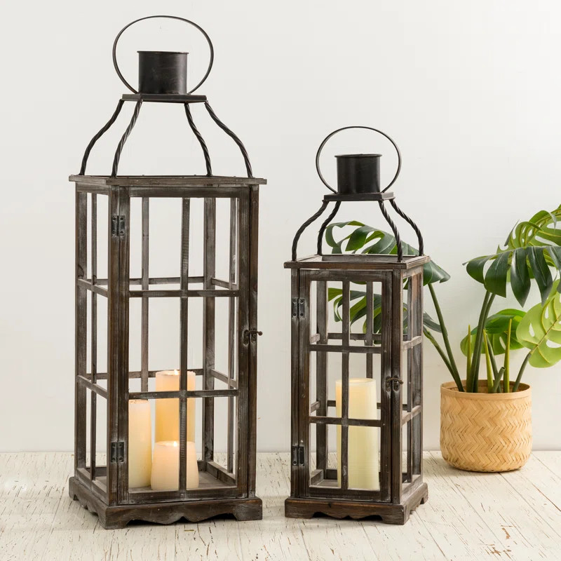 2 Piece Tall Wood and Metal Lantern Set | Wayfair North America