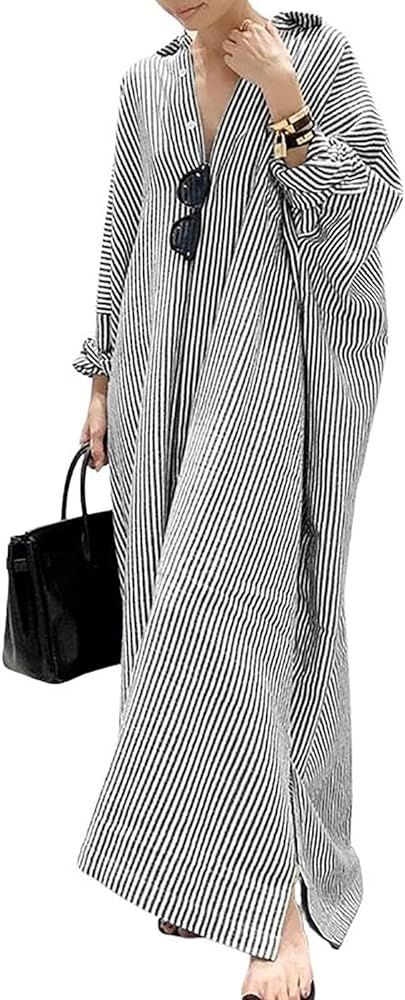 utcoco Womens Striped Long Sleeve Dress Casual Loose Button Down Cotton Maxi Shirt Dress | Amazon (US)