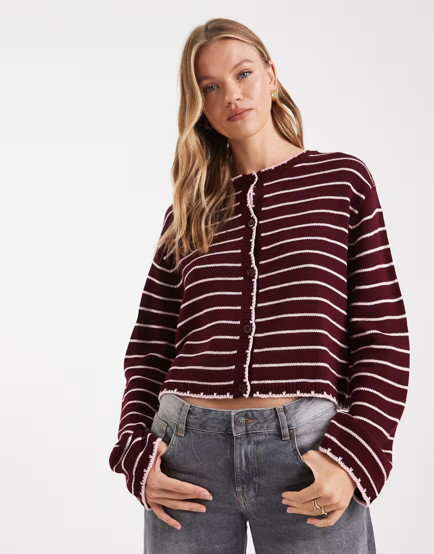 Miss Selfridge striped blanket stitch cardigan in burgundy-Red | ASOS (Global)