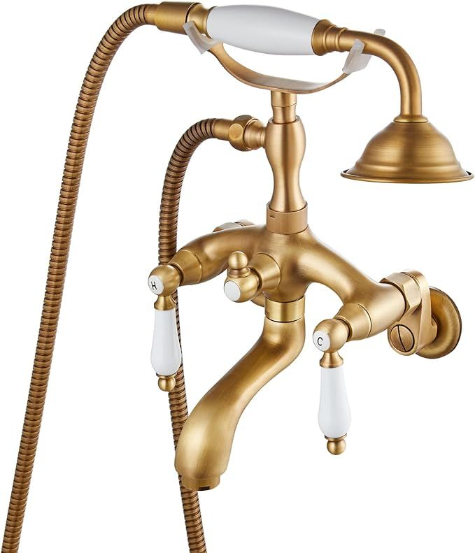 Antique brass Clawfoot Bathtub Faucet Wall Mount Hand Held Shower Faucet Set Double Lever Handle ... | Amazon (US)
