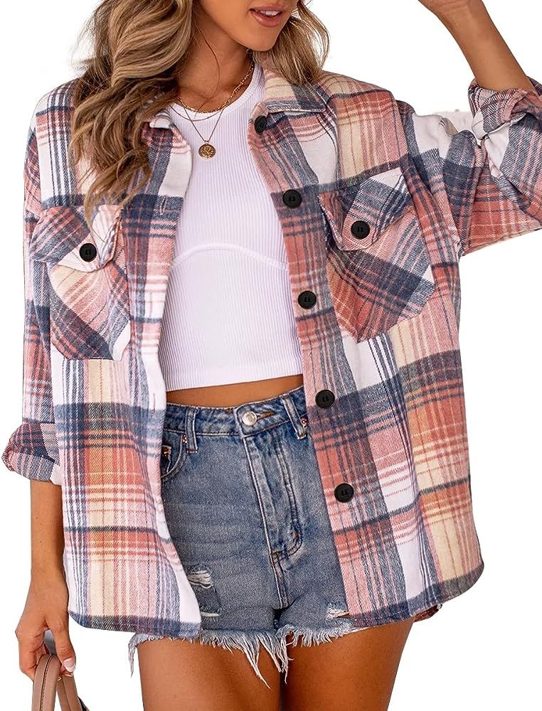 Trendy Queen Womens Flannel Shacket Jacket Casual Plaid Wool Blend Button Down Long Sleeve Shirt ... | Amazon (US)