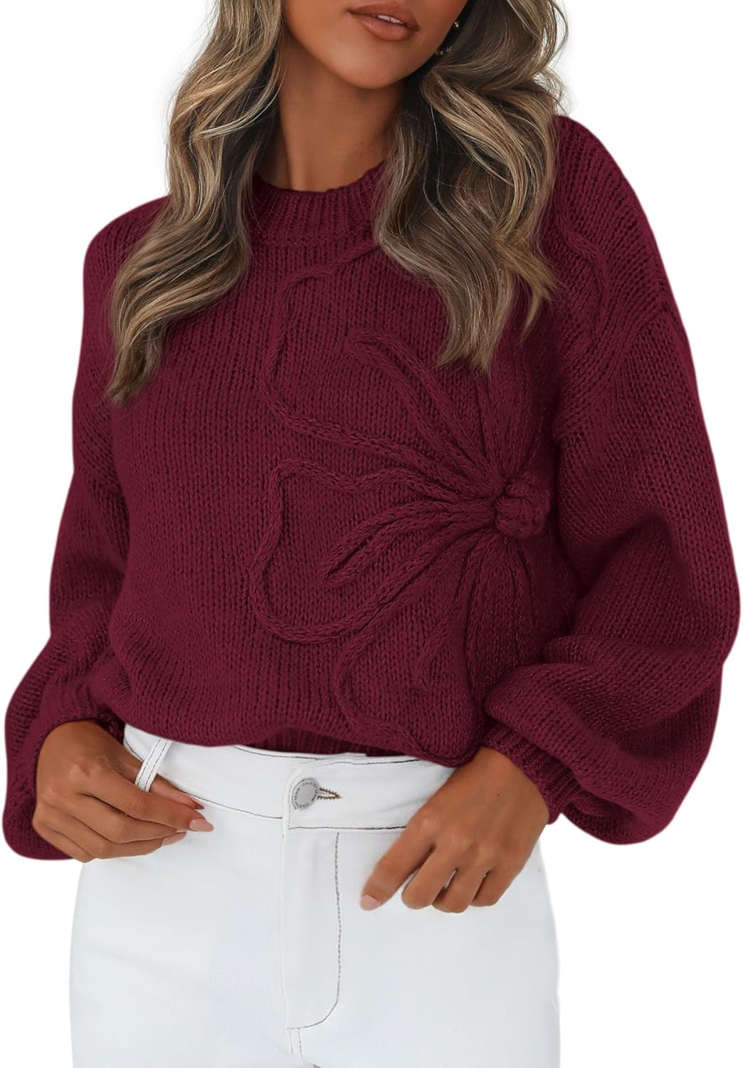 PRETTYGARDEN Women's Oversized 3D Floral Knit Sweater | Amazon (US)