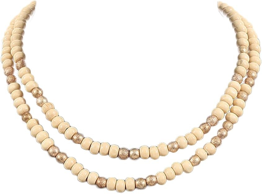 Amazon.com: COLORFUL BLING Layered Boho Wood Beaded Choker Necklace Vintage Natural Wooden Bead C... | Amazon (US)