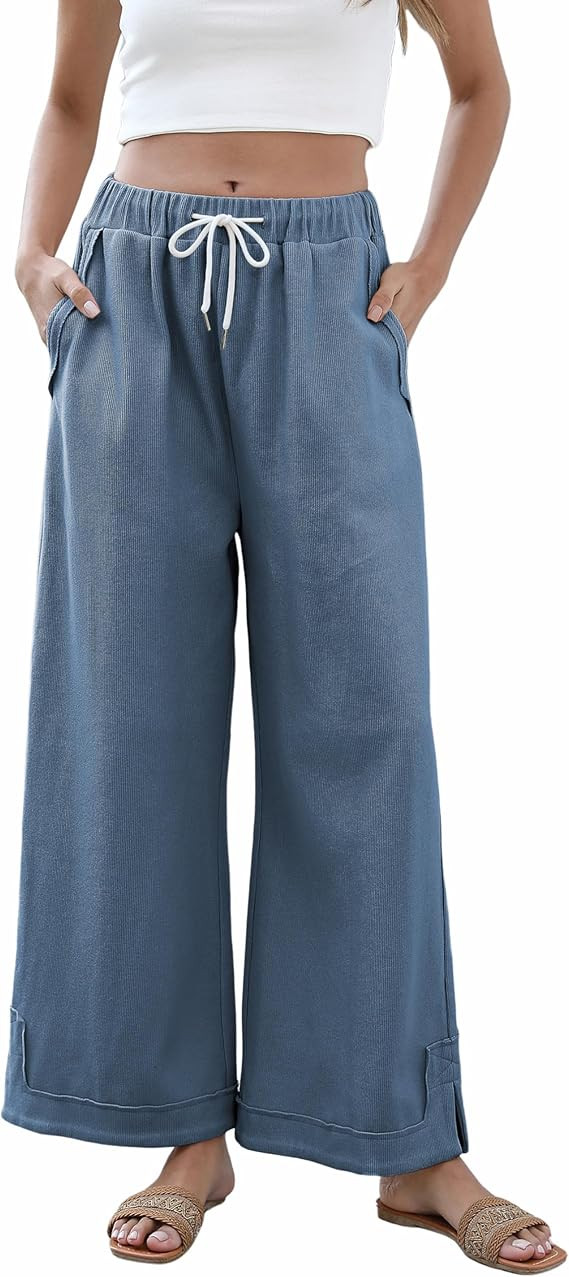 Springrain Womens Baggy Wide Leg Pants Casual Loose Cotton Drawstring Elastic Waisted Palazzo Pan... | Amazon (US)