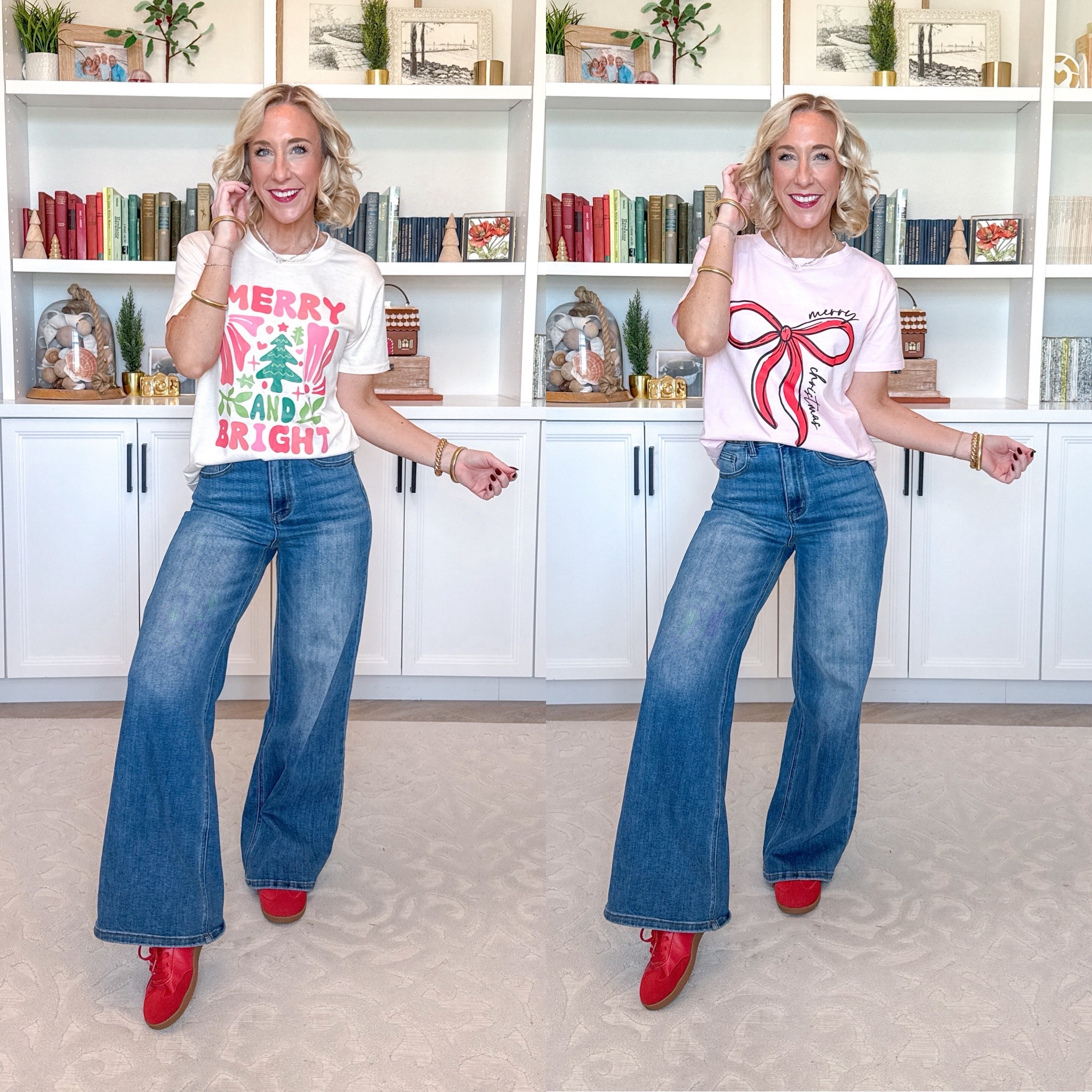 Amazon; holiday graphic tees 
• Wide leg jeans - size 25. 
 
‘Merry and Bright’ Tee - size small. 

‘Merry Christmas’ Bow Tee - size small. 

 

#LTKSeasonal #LTKHoliday #LTKFindsUnder50