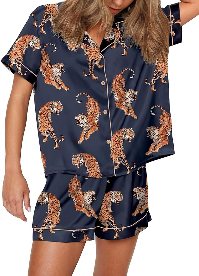 SHESHOW Satin Pajamas for Women Set Preppy Animals Pjs Short Sleeve Shorts 2 Piece Loungewear Set... | Amazon (US)
