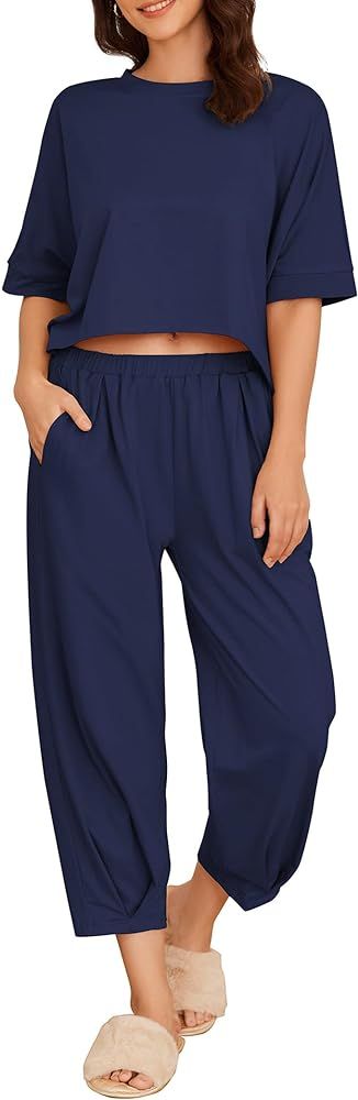 Ekouaer Women 2 Piece Pajama Set Short Sleeve Cotton Loungewear Crewneck Tops and Lounge Pants So... | Amazon (US)