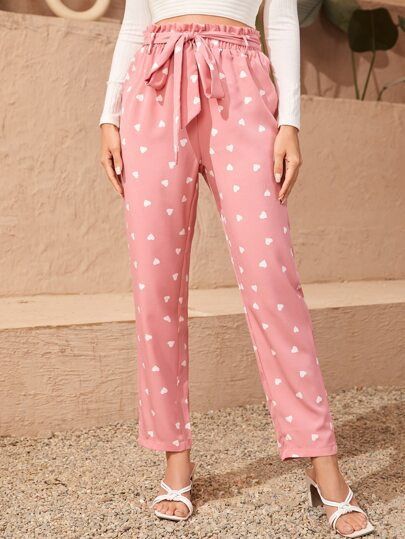 SHEIN Heart Print Paper Bag Waist Belted Pants | SHEIN