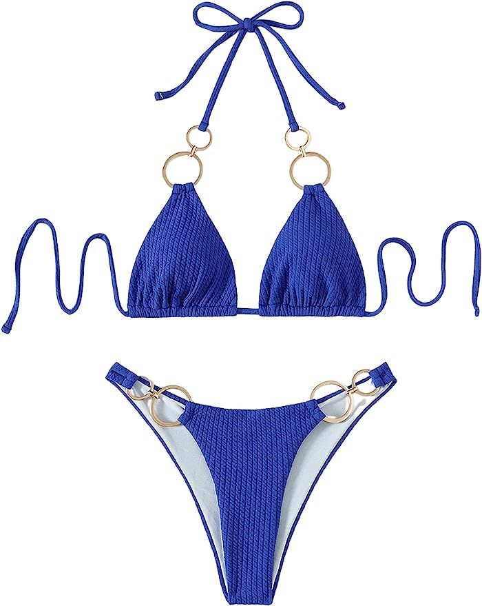WDIRARA Women's Ring Halter Bikini Swimsuit 2 Piece Tie Back Bathing Suit | Amazon (US)