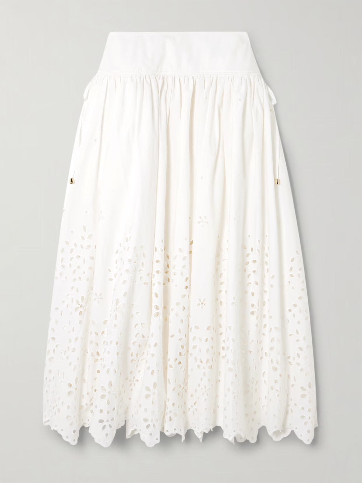 Self-Portrait - Embellished Tie-detailed Broderie Anglaise Cotton Midi Skirt - White | NET-A-PORTER (US)