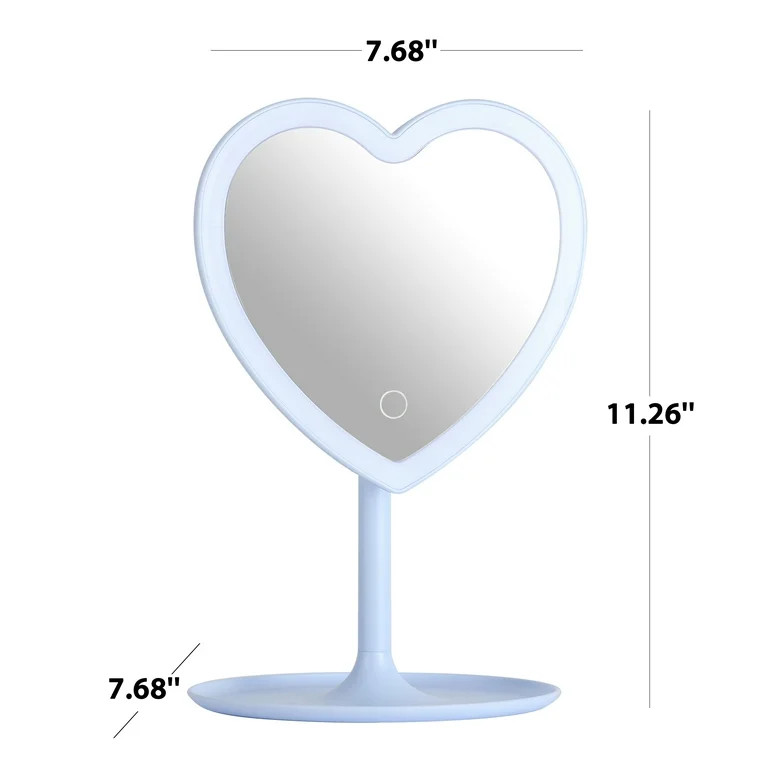 Mainstays 11.26" Tall Light Blue Plastic Frame Tabletop Heart Shaped LED Lighted Mirror with Trin... | Walmart (US)