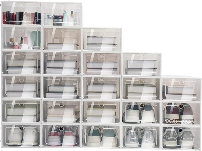 24 Pack Stackable Shoe Box, Plastic Foldable Shoe Box, Shoe Containers with lids, Drawer Type Hom... | Amazon (US)