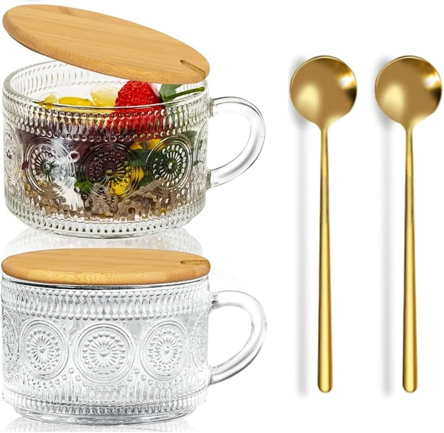 Amzcku Vintage Glass Coffee Mug, Overnight Oats Containers with Bamboo Lid and Spoon 14 Oz Set of... | Amazon (US)